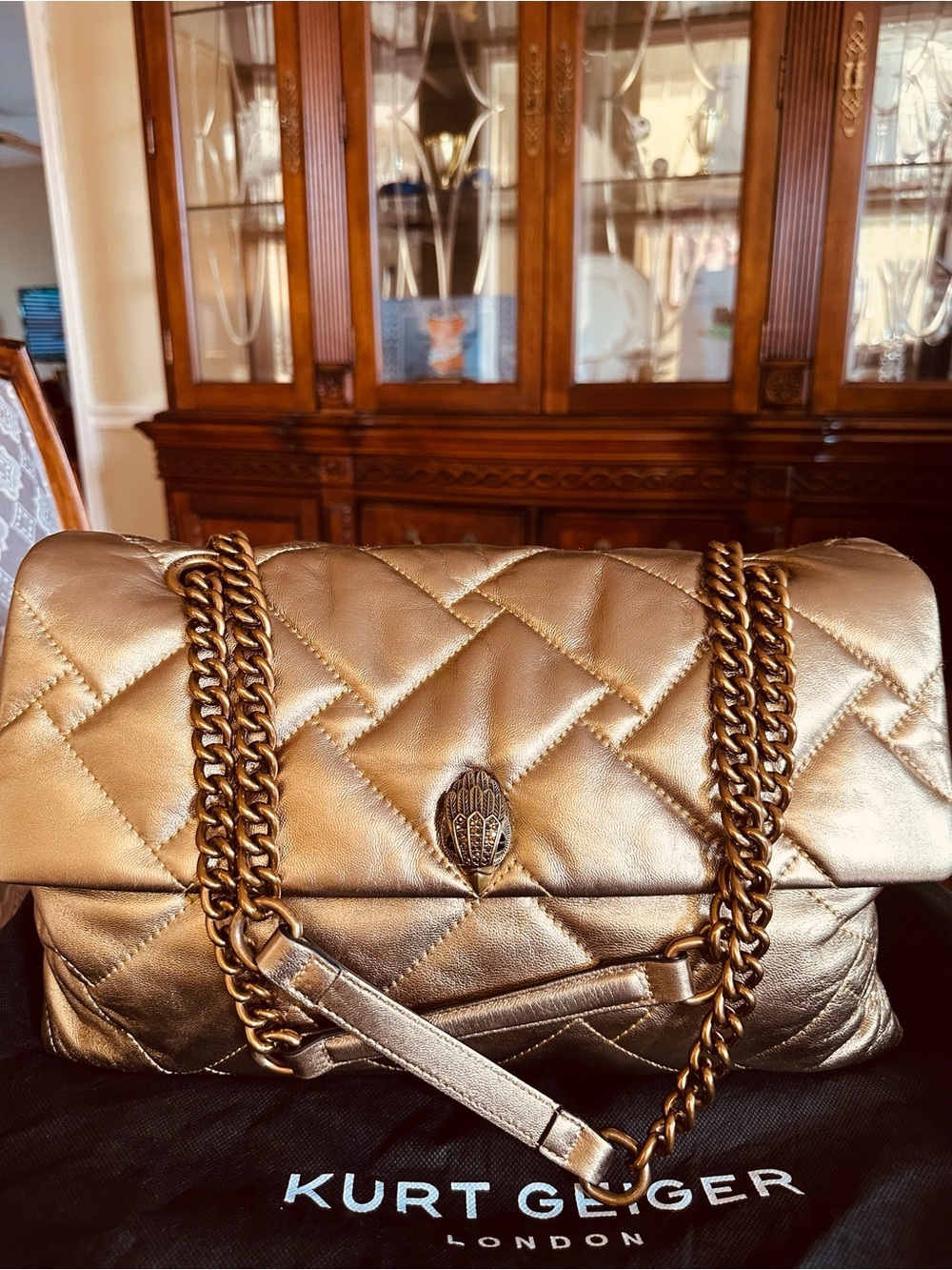 Kurt Geiger Metallic Gold Quilted Kensington Chain Shoulder Bag X-LARGE